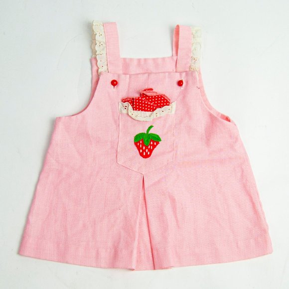 70s Vintage Pink Strawberry Pinafore Dress 2T / Pi - Picture 1 of 5